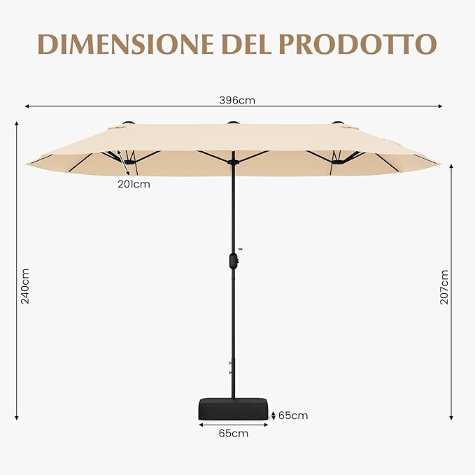 Ombrellone Doppio da Giardino 400 x 200 cm, Ombrellone Rettangolare con Base, Parasole Esterno con Manovella e 12 Stecche, per Giardino Piscina Patio
