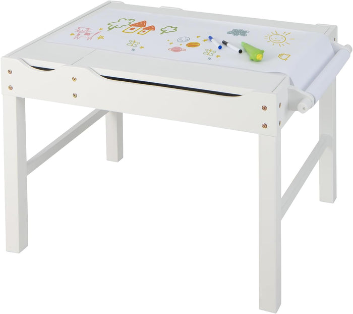 Tavolo da Gioco per Bambini in Legno con Piano Reversibile, Tavolo Multiattività Bambini 2 in 1, Porta Rotolo di Carta da Disegno, per Camera da Letto, Soggiorno (Bianco)