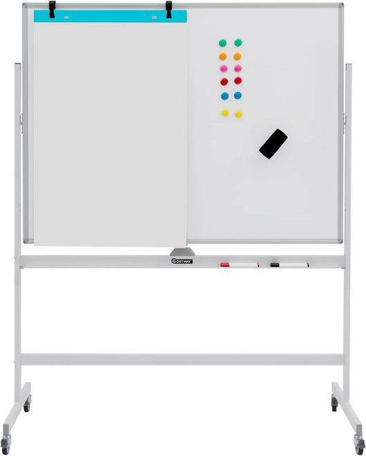 Lavagna Bianca Magnetica Doppia, Lavagna Bianca Regolabile in Altezza e Ruote Bloccabili, 6 Pennarelli, 12 Calamite e 1 Cancellino, Ideale per Casa Ufficio e Scuola, 126 x 53,5 x 160-180 cm