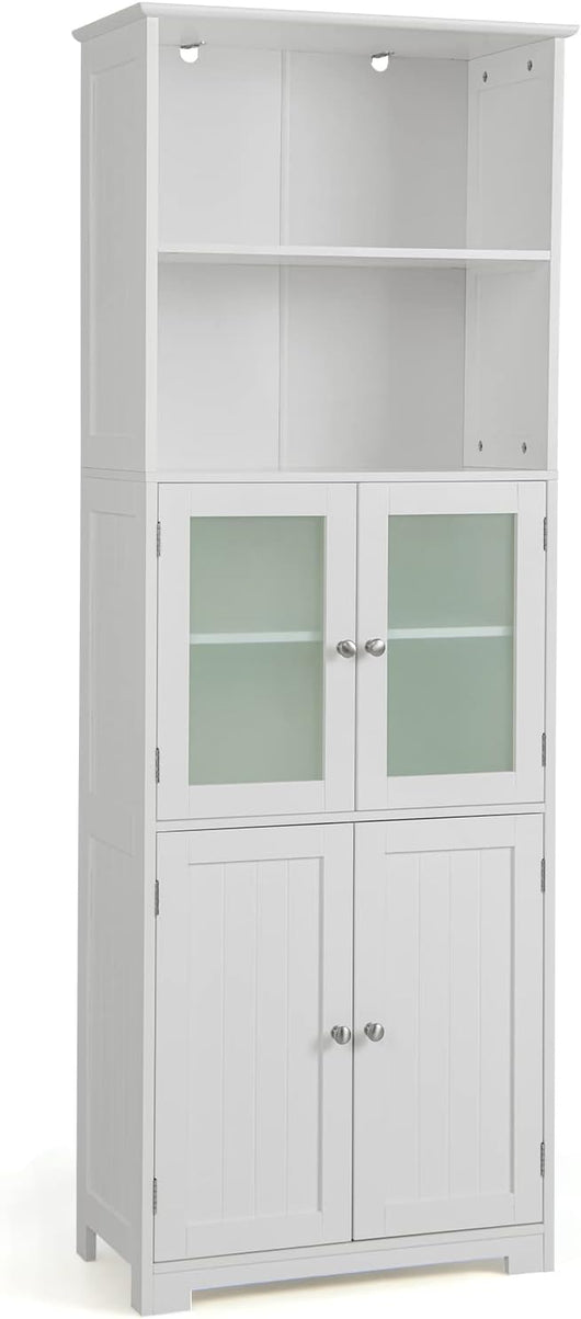 Armadio da Bagno, Mobiletto Alto da Terra con 2 Armadietti e Ripiani Regolabili, con Ante in Vetro, Mobile Portaoggetti Multiusi per Bagno Soggiorno, 60x30x163 cm (Bianco)