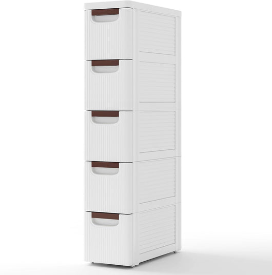 Cassettiere con 5 Cassetti, Comò con Ruote Incorporate per Spazi Stretti, Armadietto Salvaspazio Moderno in Plastica per Scrivania, Camera da Letto e Soggiorno (42 x 19 x 91 cm)