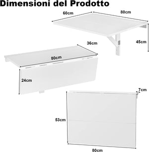 Tavolo Pieghevole a Muro, Tavolino Porta PC da Parete in Legno, Tavolo a Scomparsa Multifunzionale, Ideale per Soggiorno, Cucina e Studio, 80 x 60 x 45 cm (Bianco)