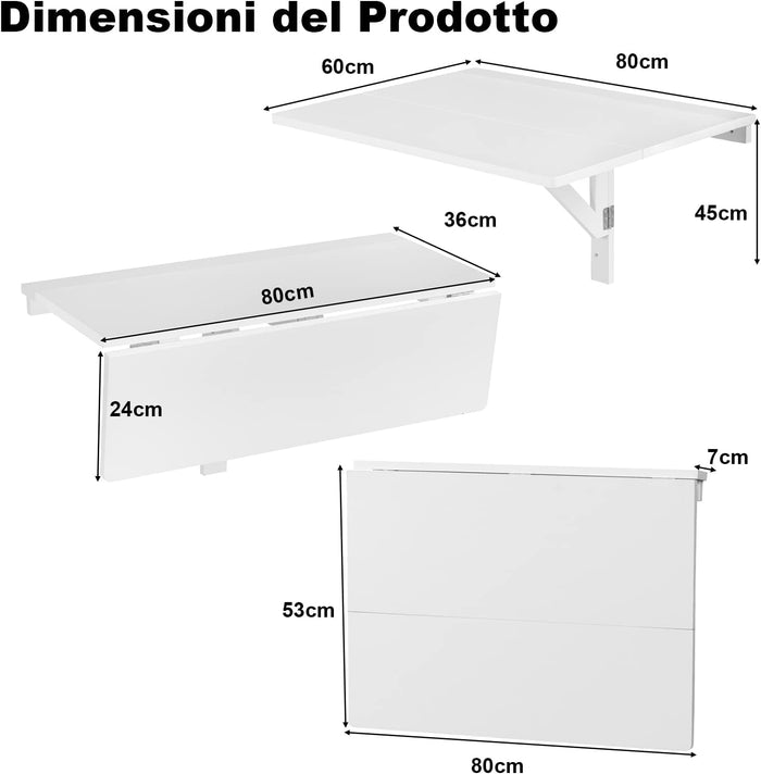 Tavolo Pieghevole a Muro, Tavolino Porta PC da Parete in Legno, Tavolo a Scomparsa Multifunzionale, Ideale per Soggiorno, Cucina e Studio, 80 x 60 x 45 cm (Bianco)