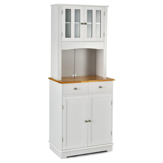 Mobile dispensa da cucina autoportante, Buffet con Piano in Legno, Credenza e 2 Cassetti, Ripiani Regolabili, Armadietto con Ante in Vetro, Spazio Aperto per Forno a Microonde, Bianco