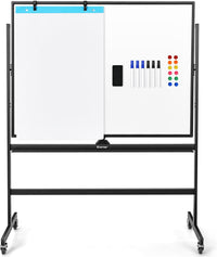 Lavagna Bianca Magnetica Mobile, Lavagna Cancellabile con Altezza Regolabile Girevole a 360°, con 4 Ruote Bloccabili, Doppia Faccia, 90 x 120 cm