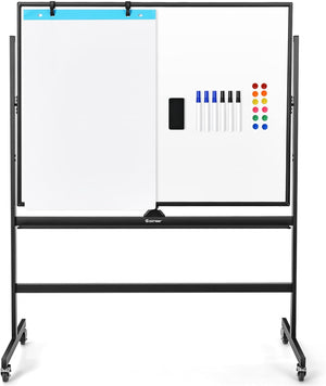 Lavagna Bianca Magnetica Mobile, Lavagna Cancellabile con Altezza Regolabile Girevole a 360°, con 4 Ruote Bloccabili, Doppia Faccia, 90 x 120 cm