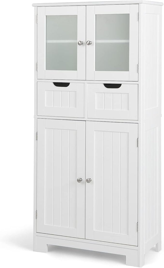 Armadio da Terra con 4 Ante, Mobile da Bagno con 2 Ante in Vetro 2 Cassetti e Ripiani Regolabili, Armadio Multifunzionale per Bagno e Soggiorno, 60x30x128cm (Bianco)