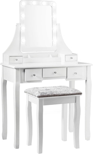 Toeletta Trucco con Specchio Girevole a 360° e 10 Luci LED, Postazione Trucco con Sgabello Imbottito, 5 Cassetti e Organizzatori, Tavolo da Trucco Moderno, 136x80x40cm (Bianco)