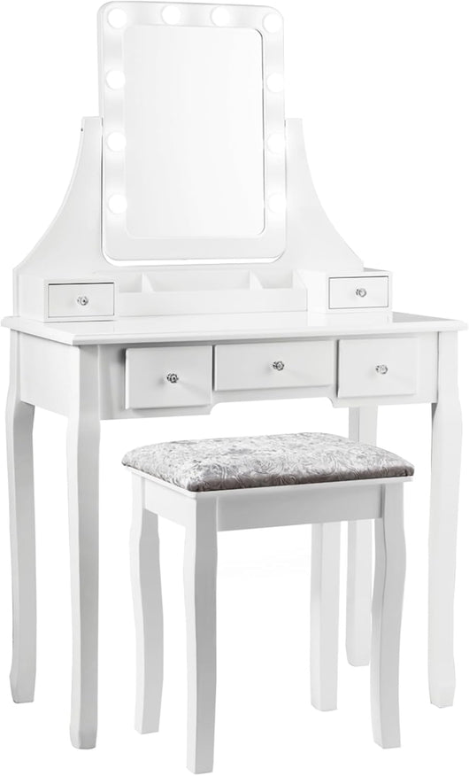 Toeletta Trucco con Specchio Girevole a 360° e 10 Luci LED, Postazione Trucco con Sgabello Imbottito, 5 Cassetti e Organizzatori, Tavolo da Trucco Moderno, 136x80x40cm (Bianco)