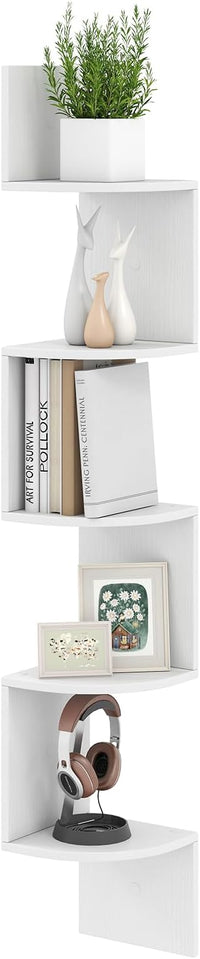 Scaffale Angolare a 5 Livelli, Scaffale Sospeso a Muro, Organizzatore di Stoccaggio a Parete, Espositore in Legno per Soggiorno Camera da Letto e Cucina, 20 x 20 x 126 cm (Bianco)