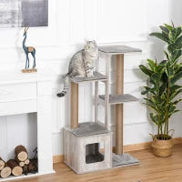 Albero Tiragraffi per Gatti Multi-livello con Cuccia e Corde in Iuta, 67x38.5x114 cm, Grigio