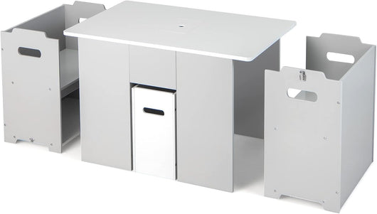 Set di Tavolo e Sedie per Bambini 4 in 1, Tavolo di Attività per Bambini con 2 Sedie Impilabili Coperchio Rimovibile e Contenitore, Grigio + Bianco, per bambini dai 3+ anni