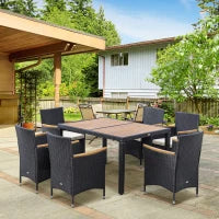 Set Tavolo e Sedie da Giardino 7 Pezzi in PE Rattan e Legno con Cuscini Morbidi, Nero