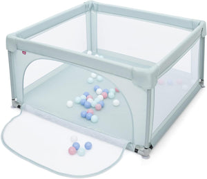 Box per Bambini, Centro Attivit¨¤ Portatile con Cancelli di Sicurezza con Ventose Antiscivolo, Pareti a Rete Traspirante e 2 Anelli per Bambini, con 50 Palline (Azzurro chiaro)