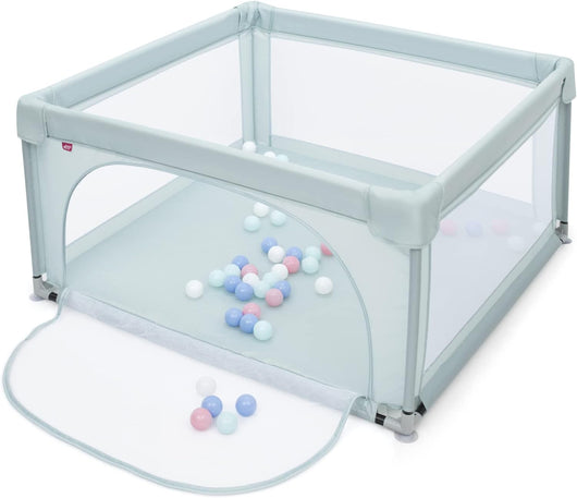 Box per Bambini, Centro Attivit¨¤ Portatile con Cancelli di Sicurezza con Ventose Antiscivolo, Pareti a Rete Traspirante e 2 Anelli per Bambini, con 50 Palline (Azzurro chiaro)