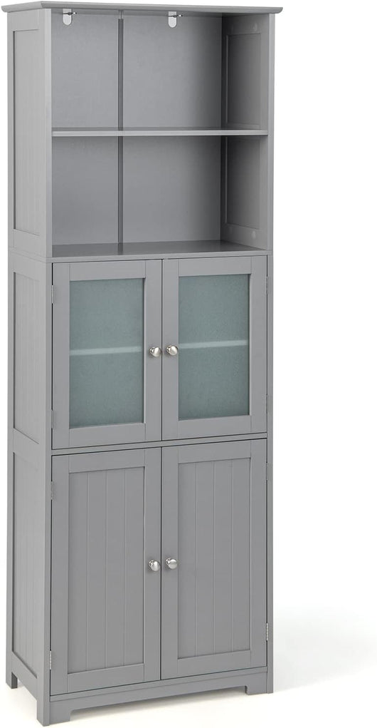 Armadio da Bagno, Mobiletto Alto da Terra con 2 Armadietti e Ripiani Regolabili, con Ante in Vetro, Mobile Portaoggetti Multiusi per Bagno Soggiorno, 60x30x163 cm (Grigio)
