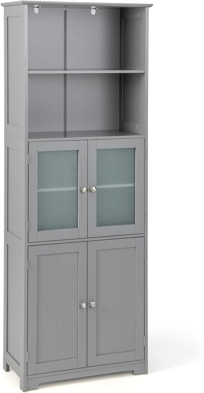 Armadio da Bagno, Mobiletto Alto da Terra con 2 Armadietti e Ripiani Regolabili, con Ante in Vetro, Mobile Portaoggetti Multiusi per Bagno Soggiorno, 60x30x163 cm (Grigio)