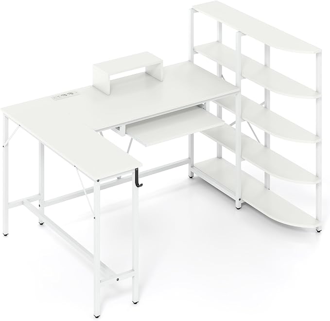 Scrivania Angolare a Forma di L, Scrivania ad Angolo Salvaspazio con Stazione di Ricarica, Scaffale, Supporto per Monitor, Gancio per Cuffie e Vassoio per Tastiera (Bianco)