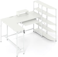 Scrivania Angolare a Forma di L, Scrivania ad Angolo Salvaspazio con Stazione di Ricarica, Scaffale, Supporto per Monitor, Gancio per Cuffie e Vassoio per Tastiera (Bianco)