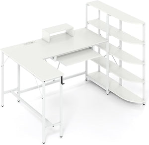 Scrivania Angolare a Forma di L, Scrivania ad Angolo Salvaspazio con Stazione di Ricarica, Scaffale, Supporto per Monitor, Gancio per Cuffie e Vassoio per Tastiera (Bianco)