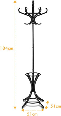 Attaccapanni da Terra Appendiabiti a piedi con 12 Ganci in Legno Ecologico, 51 x 51 x 184 cm (Nero)
