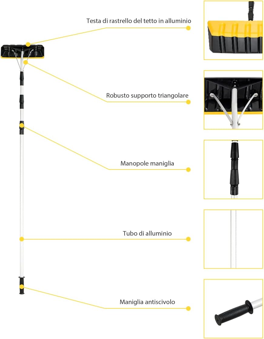 Rastrello da Neve in Alluminio, Tetto Neve Pala con Regolabile telescopico Maniglia 200 - 630 cm, con Lama Maggiorata da 39 cm, Manico Antiscivolo in TPR