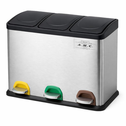 Pattumiera Differenziata 45L (3x15L) con Pedale, Cestino Raccolta Triplo da Cucina in Acciaio Metallico, 3 Scomparti con Coperchio, Colore Argento e Nero.