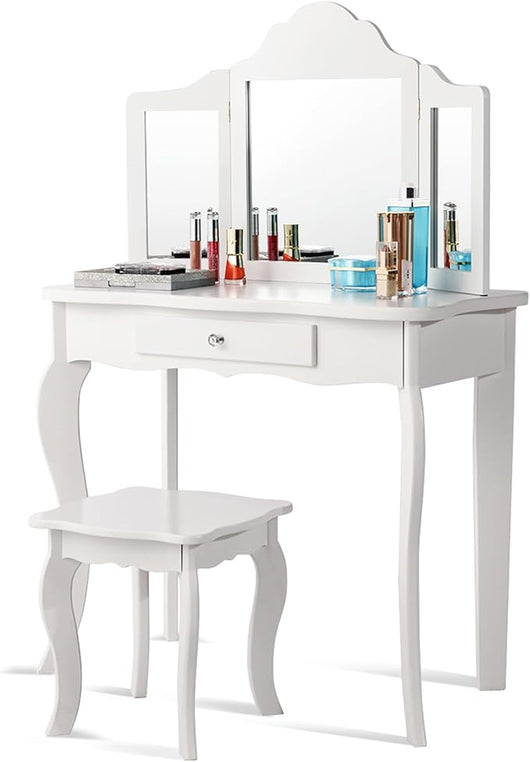 2-in-1 Toeletta Trucco Bambina, Tavolo da Trucco per Bambini con 3 Specchio e Sgabello, Postazione Trucco con 1 Cassetto, 3-7 Anni (Bianco)