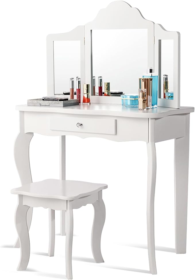 2-in-1 Toeletta Trucco Bambina, Tavolo da Trucco per Bambini con 3 Specchio e Sgabello, Postazione Trucco con 1 Cassetto, 3-7 Anni (Bianco)