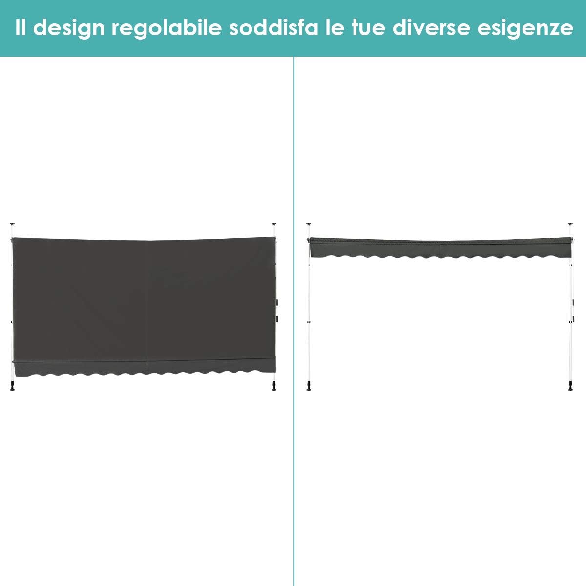 Tenda da Sole per Esterno, Tenda da Sole a Bracci Estensibili con Struttura Telescopica e Tessuto Resistene ai Raggi Solari, Regolabile in Altezza e in Angolazione (400 x 120 cm Grigio)