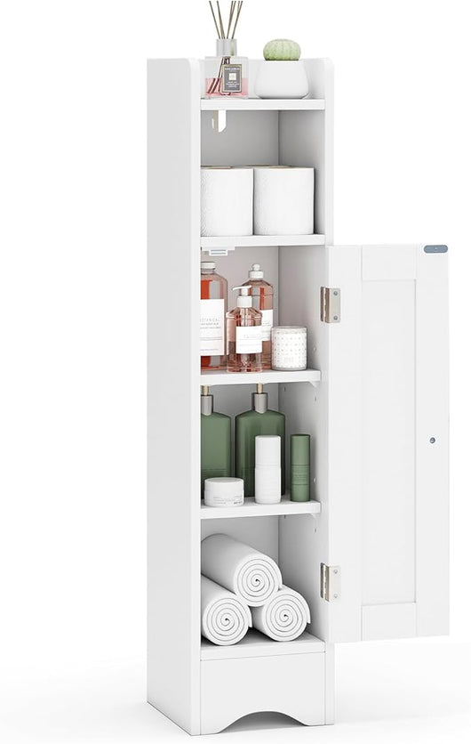 Mobiletto per Bagno Piccolo, Armadietto Salvaspazio da Terra Angolare con Porta e Ripiani Regolabili, Porta Carta Igienica Stretto, Mobiletto per Soggiorno, Cucina e Ingresso