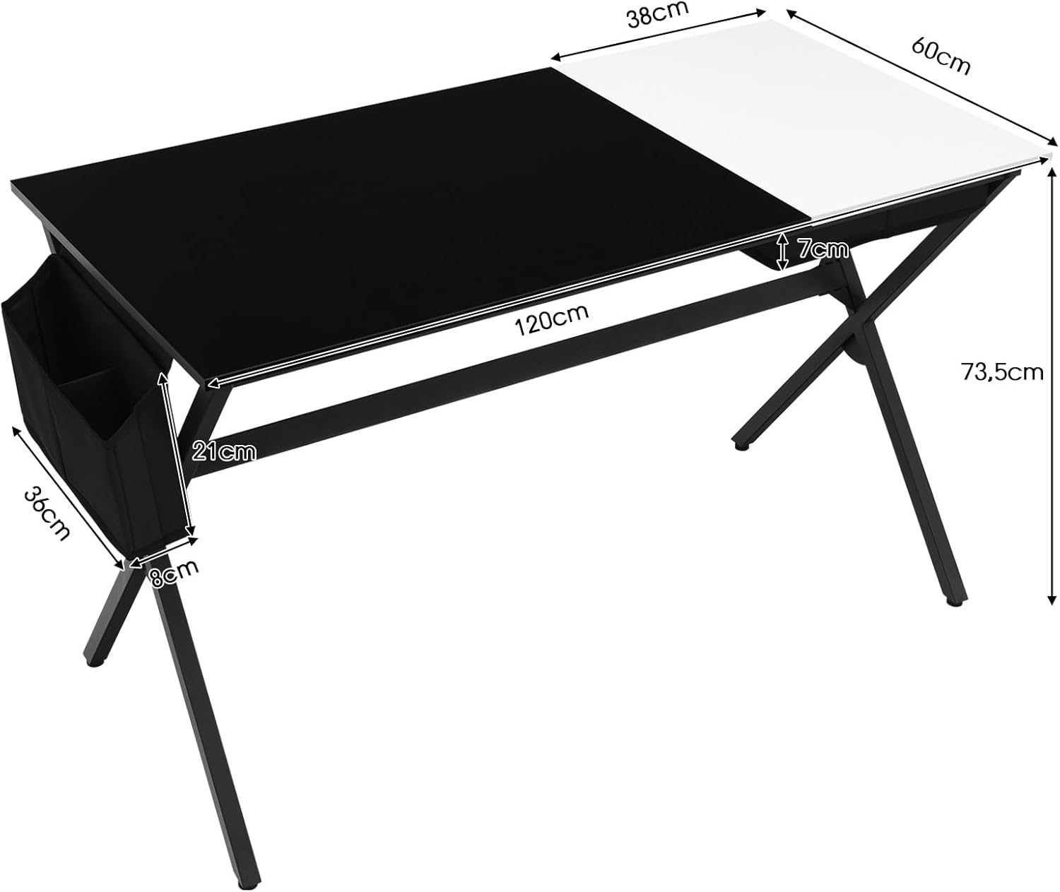 Scrivania per Computer da 120 cm, Scrivania con Cassetto e Tasca Portaoggetti Laterale, Tavolo per PC Moderno per Studio, Camera da Letto, Soggiorno e Ufficio