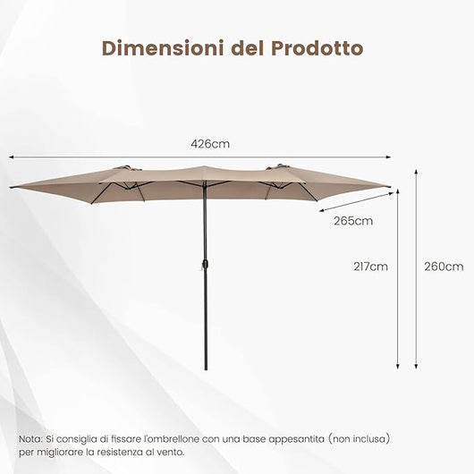Ombrellone da Giardino Doppia Faccia 426 cm con Manovella, Tetti Ventilati, Grande Ombrellone da Esterno con Palo Metallica e 10 Stecche, per Patio Piscina Giardino (Caffè)