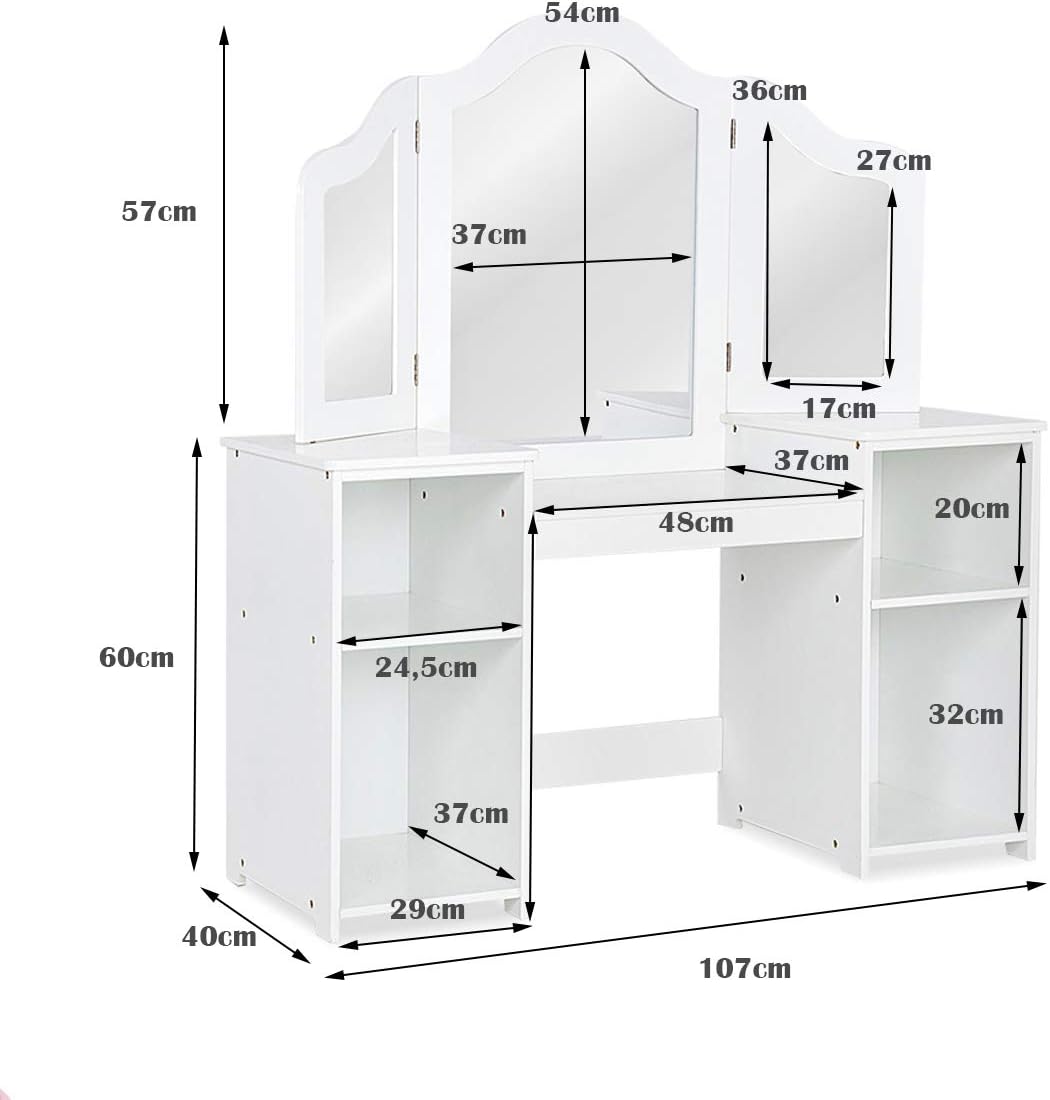 Toeletta per Bambini in Legno, Design Smontabile 2 in 1, Mobile da Trucco Stile Principessa con 4 Mensole e Specchio, Mobile per Il Trucco per Bambine e Ragazze