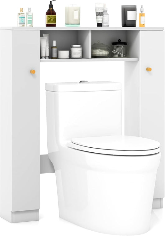Scaffale Sopra WC, Mobile per Bagno con Doppia Anta, 2 Scomparti Aperti e 4 Ripiani Regolabili, Scaffale Salvaspazio da Terra per Bagno Lavanderia, 87,5x18x98 cm (Bianco)