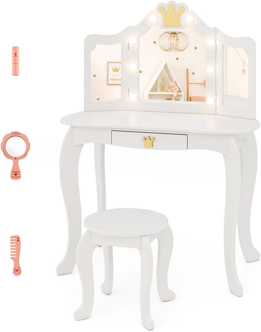 Set Toeletta Trucco per Bambina con Sgabello, Tavolo Trucco Triplo Specchio Staccabile con Luci LED a 3 Colori, Postazione Trucco con Cassetto e Accessori, per Bambine 3-7 Anni (Bianco)