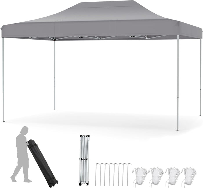 Gazebo Pop-up Pieghevole 3 x 4,5 m, Gazebo da Giardino Impermeabile Altezza Regolabile con Fori di Drenaggio, Tenda da Giardino Antivento con Borsa di Trasporto a Ruote (Grigio)