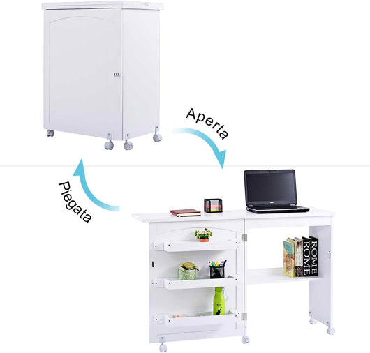Mobile per Macchina da Cucire Pieghevole, Tavolo da Cucito con Ruote Bloccabili e Ripiani Portaoggetti, Tavolo per Macchina da Cucire Multiuso da Studio e Salotto (Bianco)