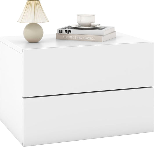 Comodino Camera da Letto Sospeso, Comodino in Legno con 2 Cassetti Salvaspazio, Comodino per Cameretta Moderno da Parete, per Soggiorno, 42 x 30 x 28 cm (Bianco)