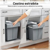 Pattumiera Estraibile Sottolavello per Differenziata con 2 Secchi da 20L, 52x33.5x41 cm, Grigio
