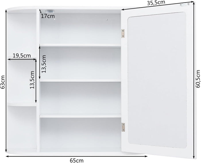 Mobile da Bagno 66 x 17 x 63cm, Armadietto da parete con Specchio, Ante e Mensola Regolabile, Armadietto Moderno e Multiuso, Bianco