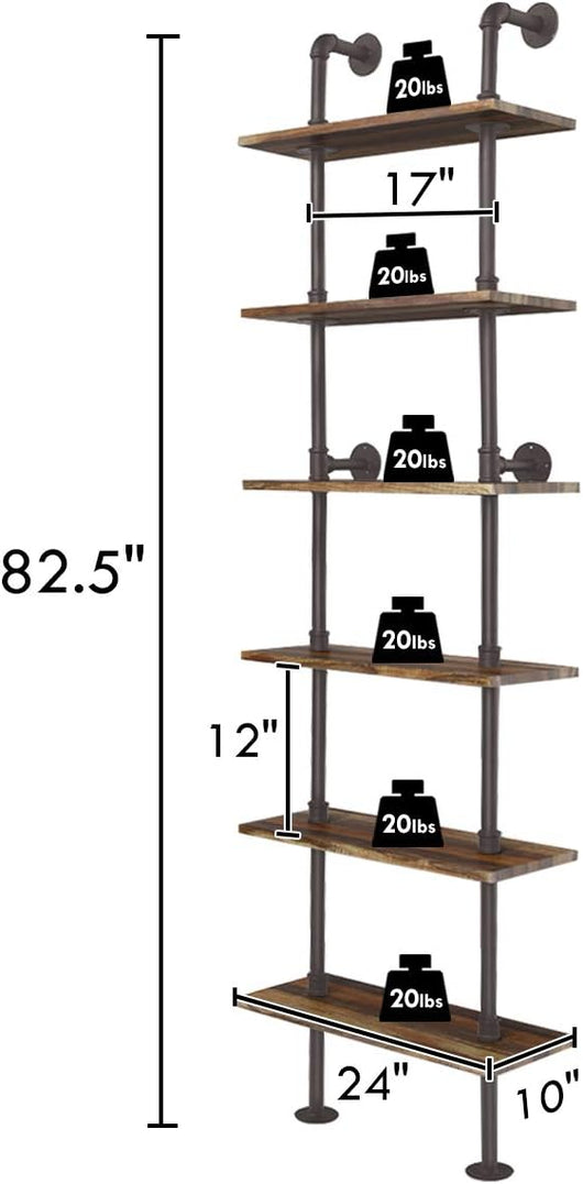 Scaffale a 6 ripiani, facile da installare, montaggio a parete, stile retrò, rustico, in legno, libreria per soggiorno, appartamento, piccolo spazio