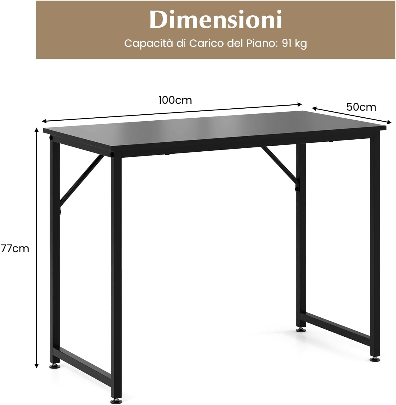 Scrivania per Computer 100 x 50 x 77 cm, Scrivania Moderna e Salvaspazio in Metallo Resistente con Piedini Regolabili, Scrivania Versatile per Casa e Ufficio (Nero)