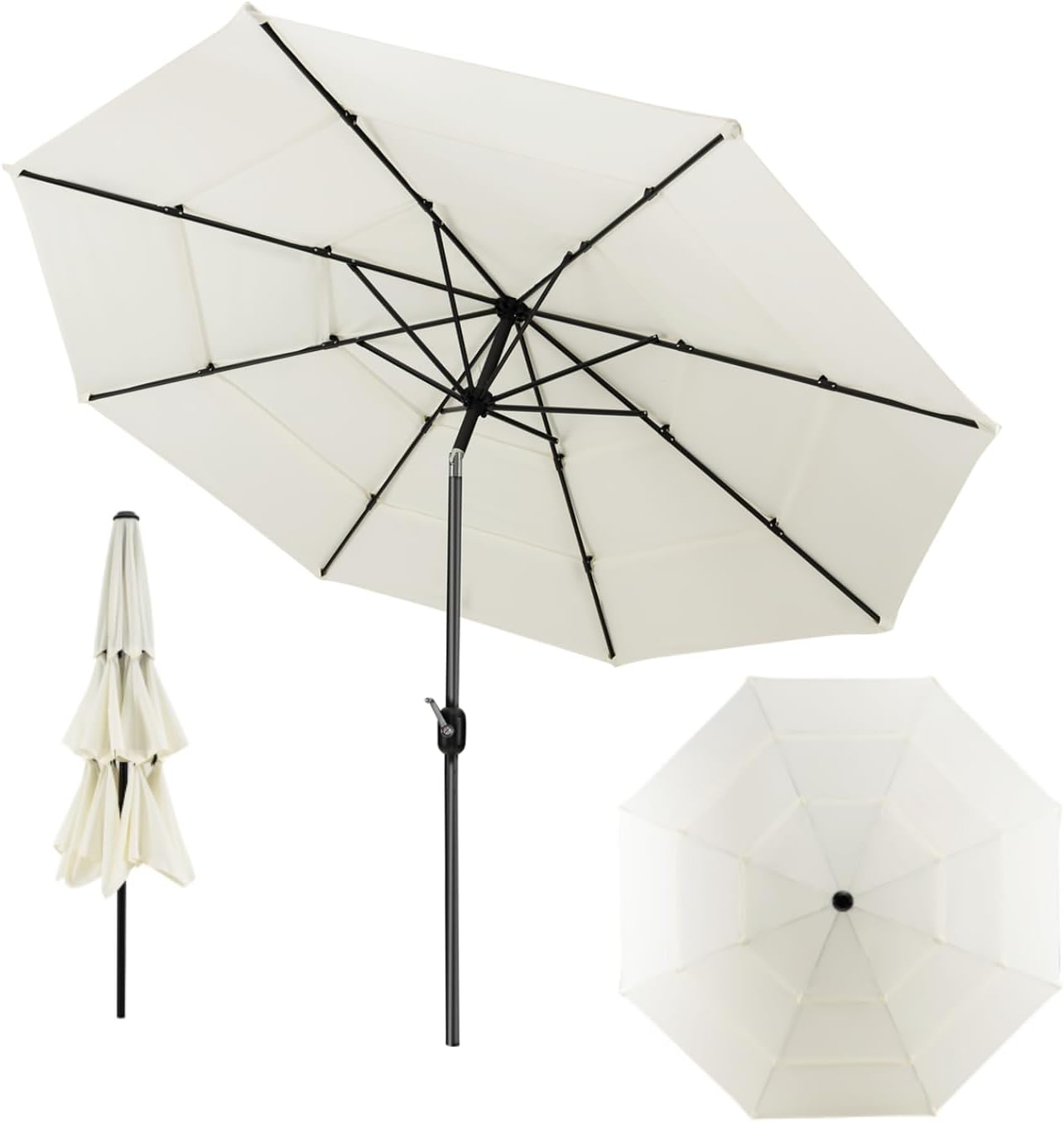 Ombrellone da Giardino 293 cm a 3 Livelli, Ombrellone da Esterno con Doppia Ventilazione, Inclinazione Regolabile, con Manovella 8 Stecche, Ombrellone da Spiaggia Giardino Piscina (Beige)