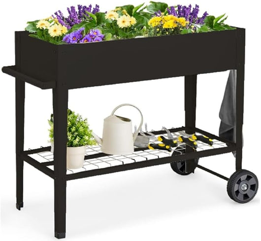 Fioriera Rialzata da Esterno, Fioriera in Metallo con Ripiano Ruote Ganci e Impugnatura, Aiuola Rialzata da Giardino, Balcone e Terrazza per Ortaggi, Fiori e Piante Aromatiche (Nero)