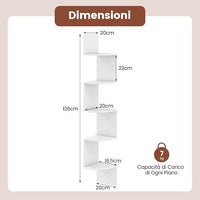 Scaffale Angolare a 5 Livelli, Scaffale Sospeso a Muro, Organizzatore di Stoccaggio a Parete, Espositore in Legno per Soggiorno Camera da Letto e Cucina, 20 x 20 x 126 cm (Bianco)