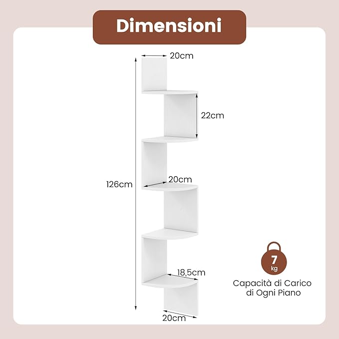 Scaffale Angolare a 5 Livelli, Scaffale Sospeso a Muro, Organizzatore di Stoccaggio a Parete, Espositore in Legno per Soggiorno Camera da Letto e Cucina, 20 x 20 x 126 cm (Bianco)