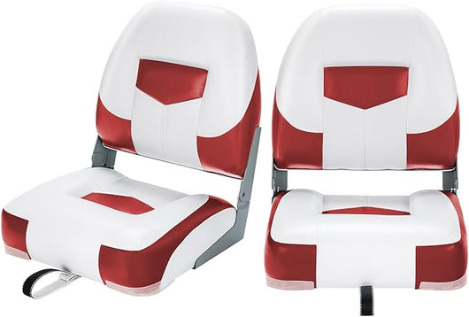 Set di 2 Sedie da Barca, Sedie per Barca Con Schienale Basso, Sedia da Barca Pieghevole, con Schiuma Spessa, Cinghia di Fissaggio, 50 x 42 x 52 cm (Rosso+Bianco)
