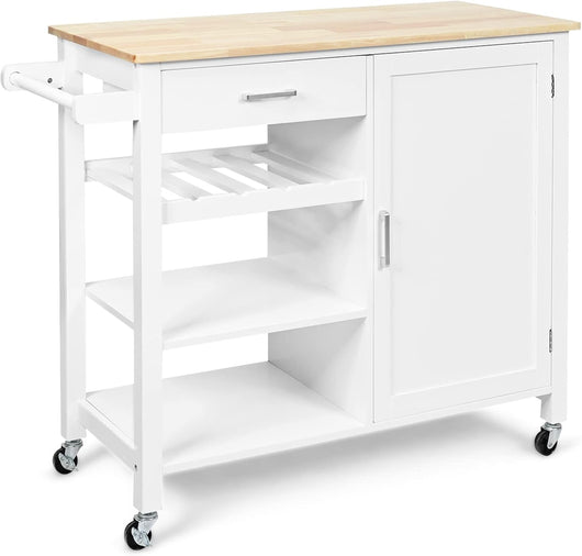 Carrello da Cucina con Ruote, Credenza Cucina con Cassetto Portabottiglie e Portasciugamani, Carrello Servizio in Legno, 100x48x90 cm (Bianco)