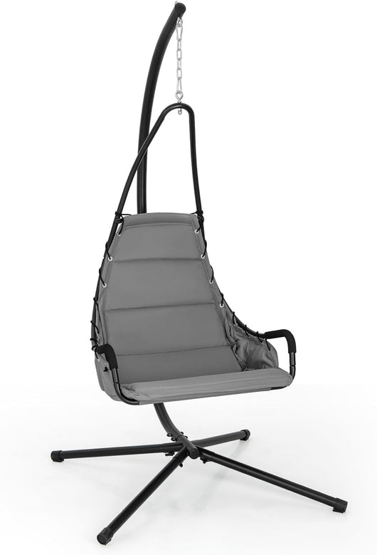 Sedia Sospesa con Supporto in Metallo, Sedia a Dondolo con Sedile Imbottito, Telaio in Metallo Robusto, Sedia a Dondolo per Portico, Giardino, Soggiorno, Portata 120 kg (Grigio)